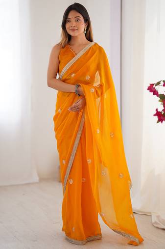 yellow fandy silk blend moti & val sequence designer saree