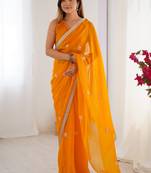 yellow fandy silk blend moti & val sequence designer saree