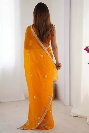 yellow fandy silk blend moti & val sequence designer saree