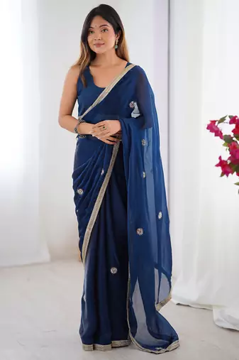 blue fandy silk blend moti & val sequence designer saree