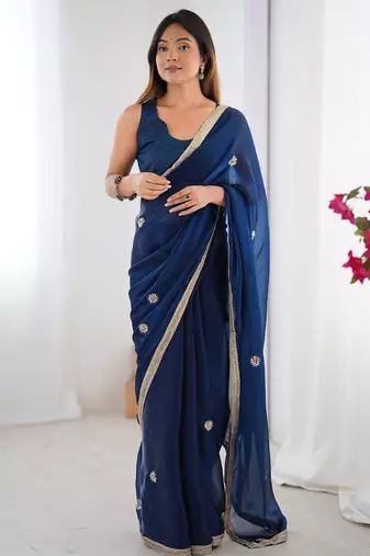 blue fandy silk blend moti & val sequence designer saree