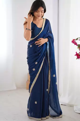 blue fandy silk blend moti & val sequence designer saree