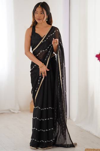 black smooth sitara fabric moti & val sequence designer saree