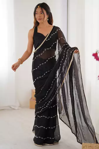 black smooth sitara fabric moti & val sequence designer saree