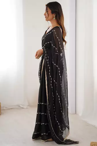 black smooth sitara fabric moti & val sequence designer saree