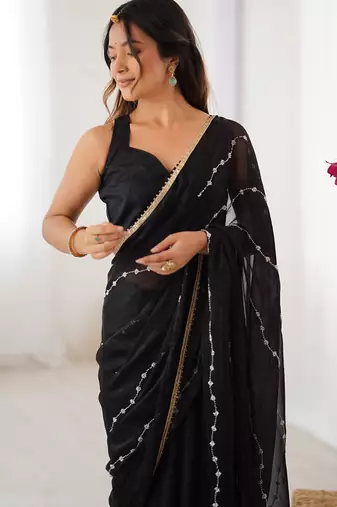 black smooth sitara fabric moti & val sequence designer saree