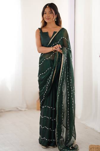 green smooth sitara fabric moti & val sequence designer saree