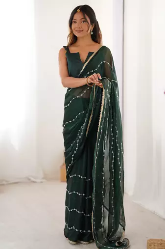 green smooth sitara fabric moti & val sequence designer saree