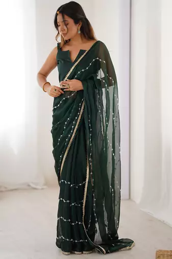 green smooth sitara fabric moti & val sequence designer saree