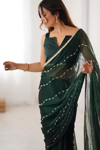 green smooth sitara fabric moti & val sequence designer saree