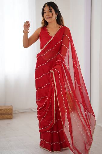 red smooth sitara fabric moti & val sequence designer saree