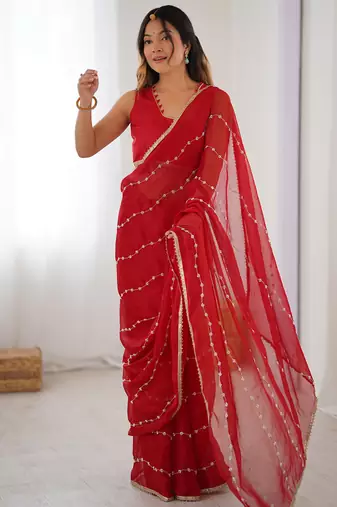 red smooth sitara fabric moti & val sequence designer saree
