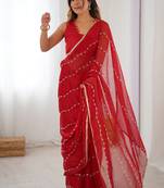 red smooth sitara fabric moti & val sequence designer saree