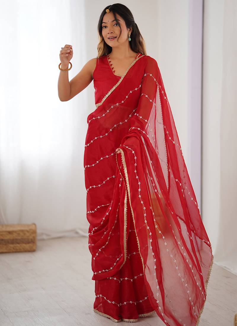 red smooth sitara fabric moti & val sequence designer saree