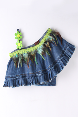 woven denim sleeveless solid top with printed palazzo-blue & limegreen 5