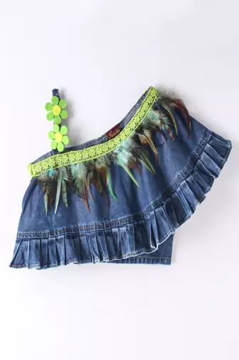 woven denim sleeveless solid top with printed palazzo-blue & limegreen