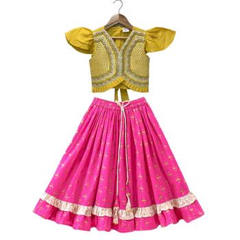 woven half sleeves embellished top with printed lehenga-yellow & pink 1