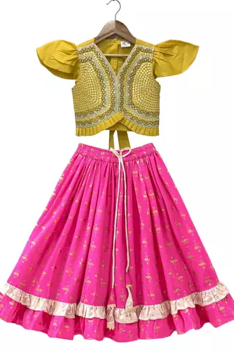 woven half sleeves embellished top with printed lehenga-yellow & pink