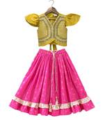 woven half sleeves embellished top with printed lehenga-yellow & pink