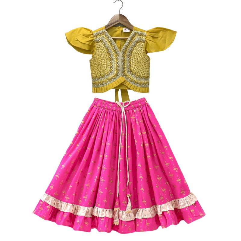 woven half sleeves embellished top with printed lehenga-yellow & pink