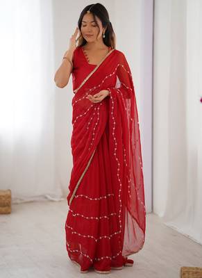red smooth sitara fabric moti & val sequence designer saree 2