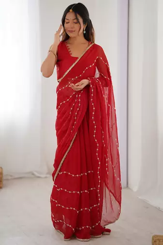red smooth sitara fabric moti & val sequence designer saree