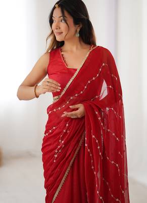 red smooth sitara fabric moti & val sequence designer saree 3