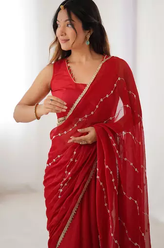 red smooth sitara fabric moti & val sequence designer saree