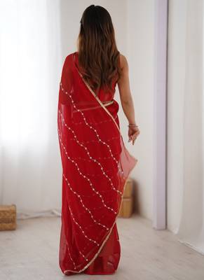 red smooth sitara fabric moti & val sequence designer saree 4