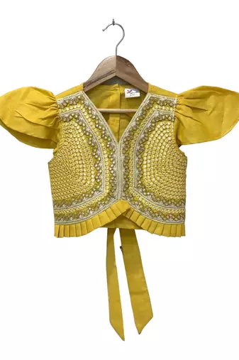 woven half sleeves embellished top with printed lehenga-yellow & pink