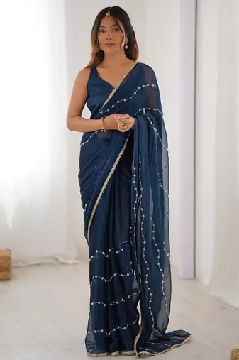 blue smooth sitara fabric moti & val sequence designer saree