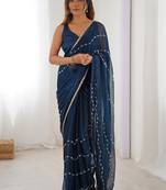blue smooth sitara fabric moti & val sequence designer saree