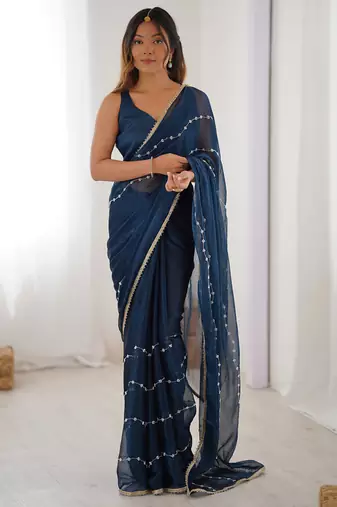 blue smooth sitara fabric moti & val sequence designer saree