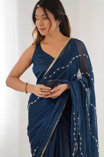 blue smooth sitara fabric moti & val sequence designer saree
