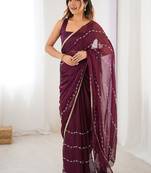 wine smooth sitara fabric moti & val sequence designer saree