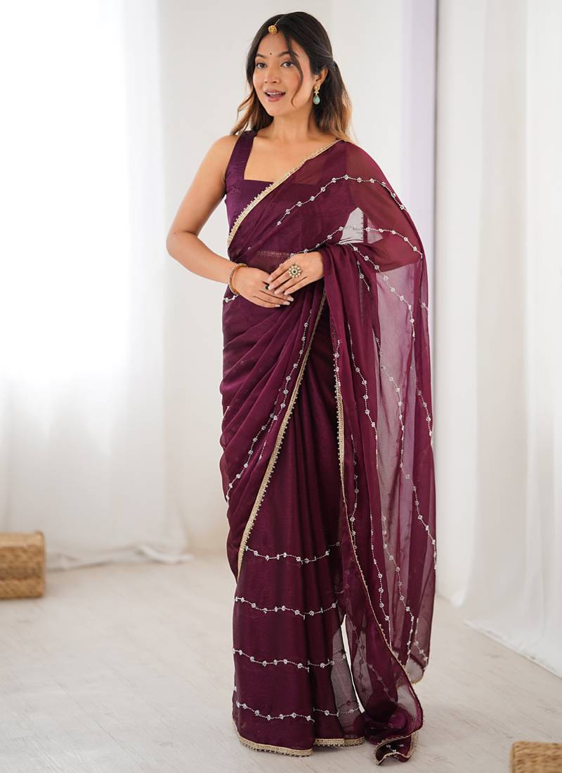 wine smooth sitara fabric moti & val sequence designer saree