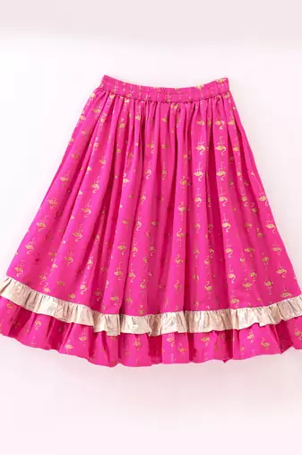 woven half sleeves embellished top with printed lehenga-yellow & pink