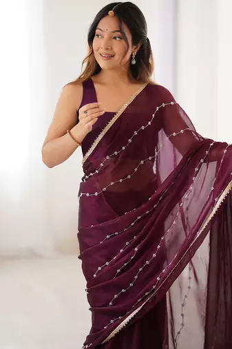 wine smooth sitara fabric moti & val sequence designer saree