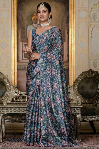 multi color chinon silk blend floral printed ready to wear saree with mirror work border