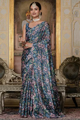 multi color chinon silk blend floral printed ready to wear saree with mirror work border