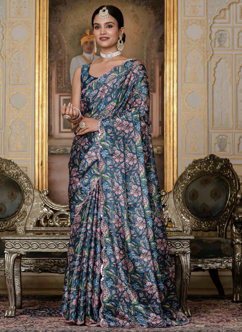 multi color chinon silk blend floral printed ready to wear saree with mirror work border