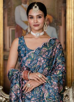 multi color chinon silk blend floral printed ready to wear saree with mirror work border 2
