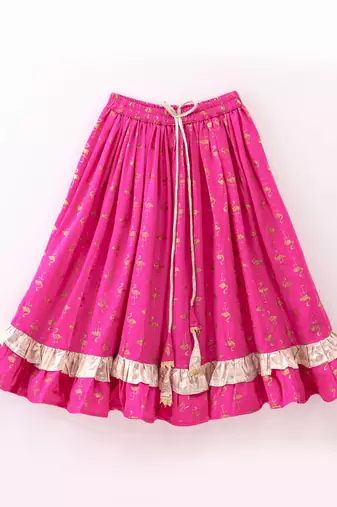 woven half sleeves embellished top with printed lehenga-yellow & pink