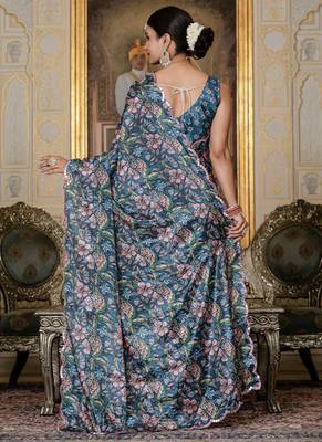multi color chinon silk blend floral printed ready to wear saree with mirror work border 3