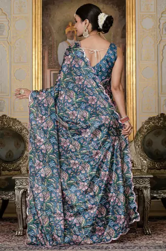 multi color chinon silk blend floral printed ready to wear saree with mirror work border
