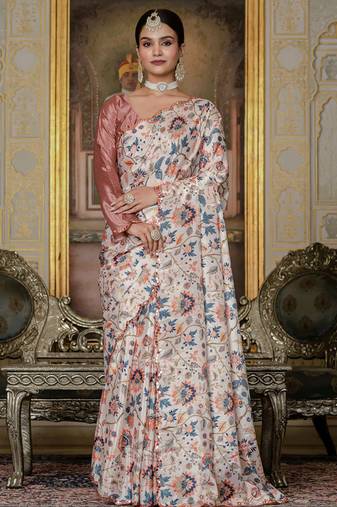 multi color chinon silk blend floral printed ready to wear saree with mirror work border
