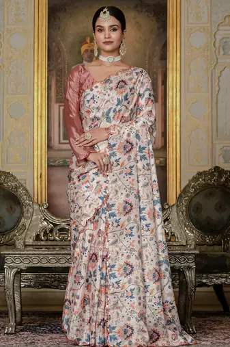 multi color chinon silk blend floral printed ready to wear saree with mirror work border