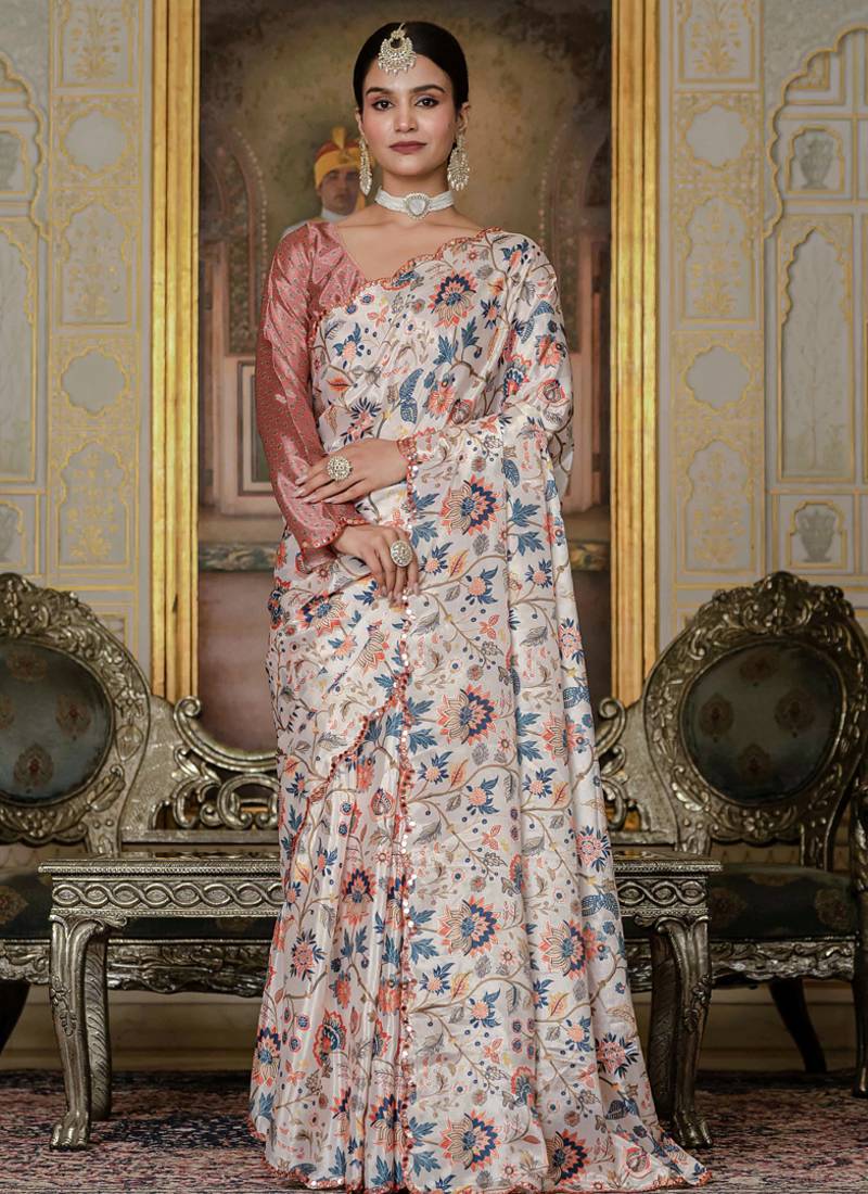 multi color chinon silk blend floral printed ready to wear saree with mirror work border