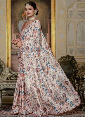 multi color chinon silk blend floral printed ready to wear saree with mirror work border 2