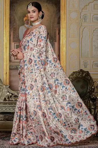 multi color chinon silk blend floral printed ready to wear saree with mirror work border